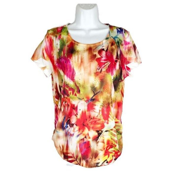 NEW Chicos 1 Knit Top M Pink Green White Colorful FLORAL Studs Rhinestones USA - Picture 3 of 8